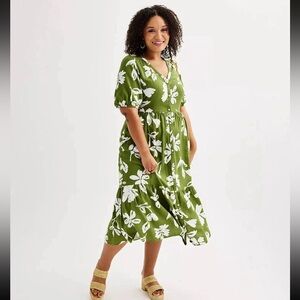 Sonoma Femme Puff Linen Blend Midi Dress Green Floral Button Down Women’s large
